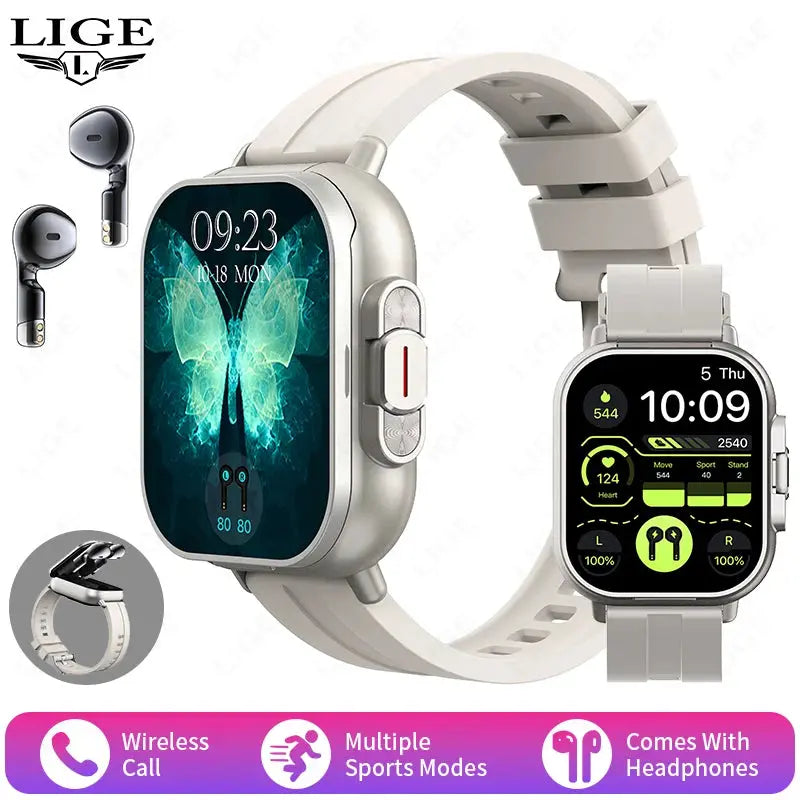 LIGE New 2 In 1 TWS Smart Watch With Earbuds Heart Rate NFC Bluetooth Call Music Play Sports Fitness Earphone Smartwatch Men - RY Shop m
