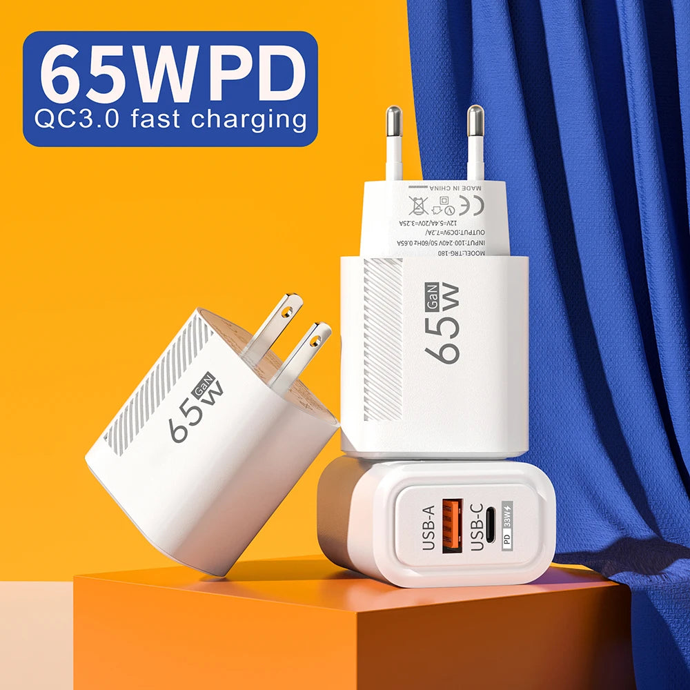 USB PD Charger 65W GaN Charger Plug PD Type C Fast Charging Phone Charger Adapter EU/US Plug for iPhone Samsung Phone Accessors