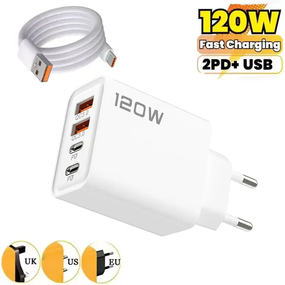 Total 120W 4 Port USB Type C Charger Fast Charging Data Cable USB Phone Charger Adapter for Samsung IPhone Xiaomi Wall Charger - RY Shop m