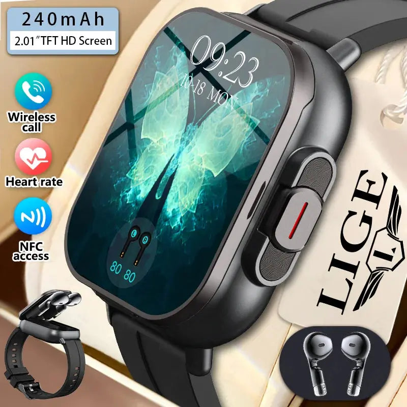 LIGE New 2 In 1 TWS Smart Watch With Earbuds Heart Rate NFC Bluetooth Call Music Play Sports Fitness Earphone Smartwatch Men - RY Shop m