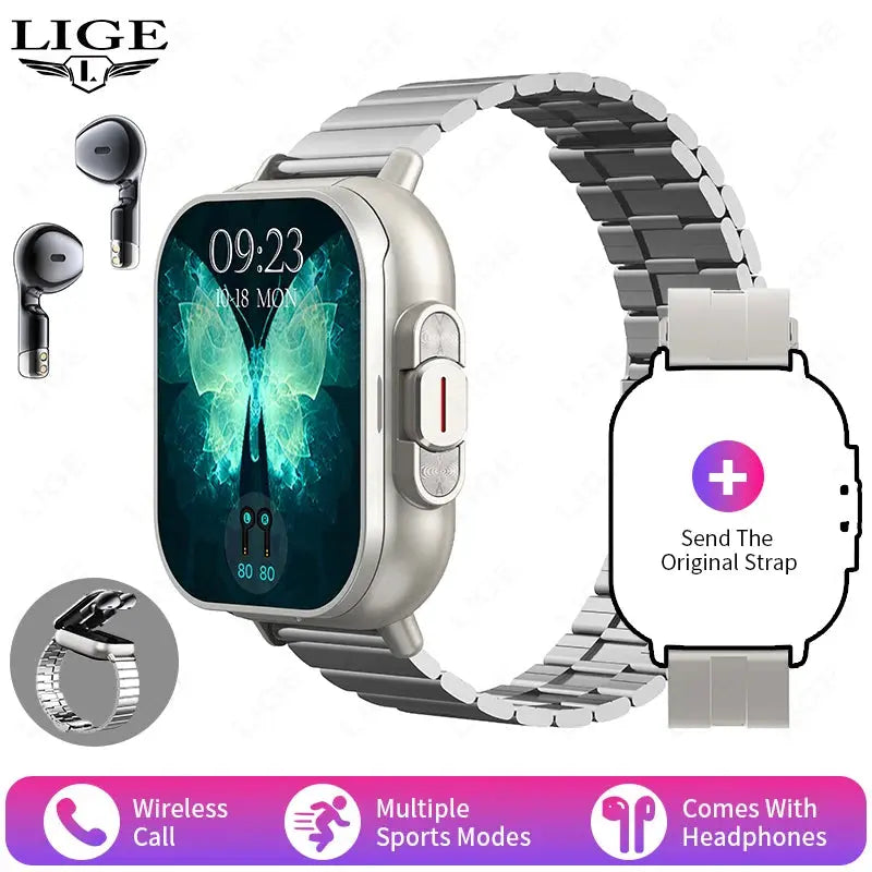 LIGE New 2 In 1 TWS Smart Watch With Earbuds Heart Rate NFC Bluetooth Call Music Play Sports Fitness Earphone Smartwatch Men - RY Shop m