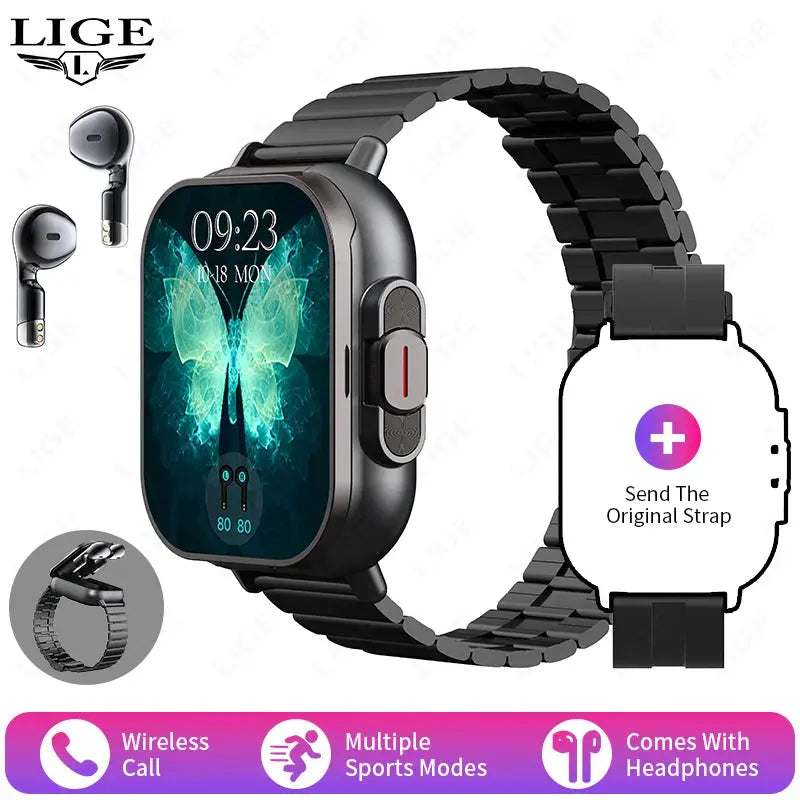 LIGE New 2 In 1 TWS Smart Watch With Earbuds Heart Rate NFC Bluetooth Call Music Play Sports Fitness Earphone Smartwatch Men - RY Shop m