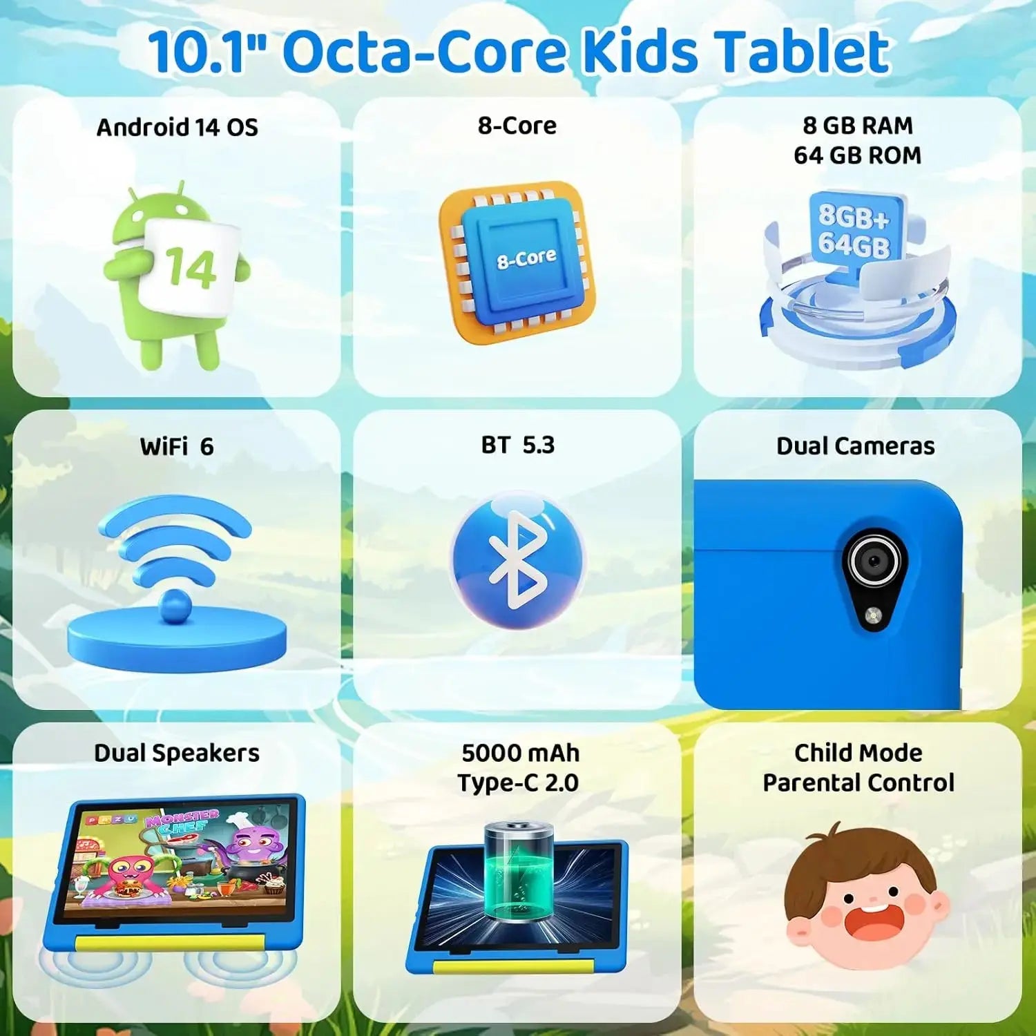 URAO 10 Inch Cartoon Pattern Kids Tablet Android Octa-Core 8GB RAM 64GB ROM Learning Education Games Tablets Children's Gifts - RY Shop m
